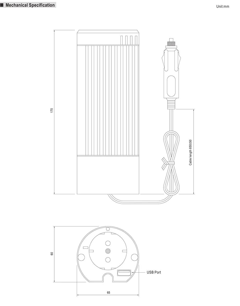 Mean Well A301/302-100 Series Mechanical Drawing Mechanical drawing of the Mean Well A301/302-100 Series power inverter
