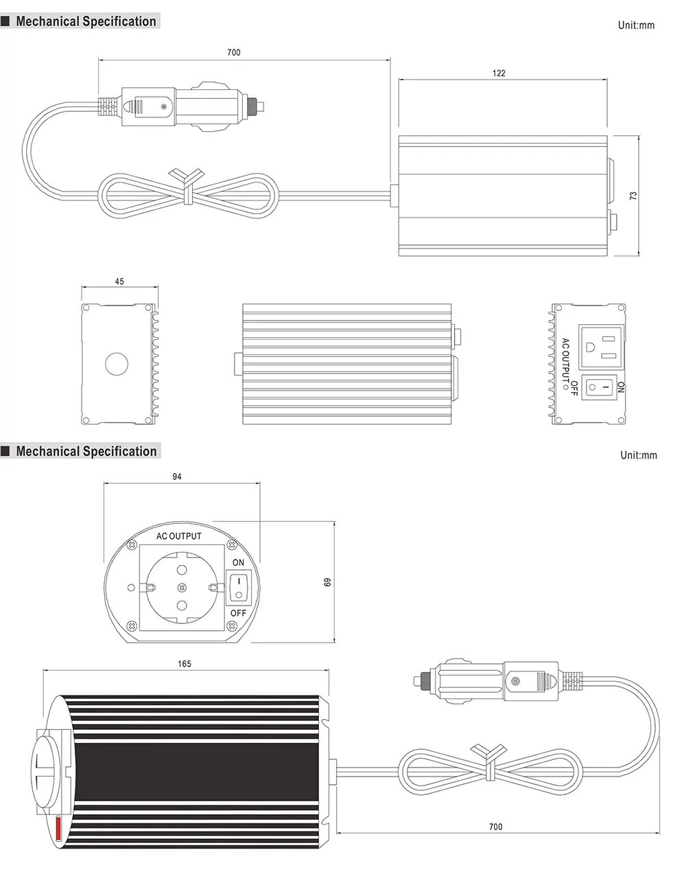Mean Well A301/302-150 Series Mechanical Drawing Mechanical drawing of the Mean Well A301/302-150 Series DC-AC power inverter