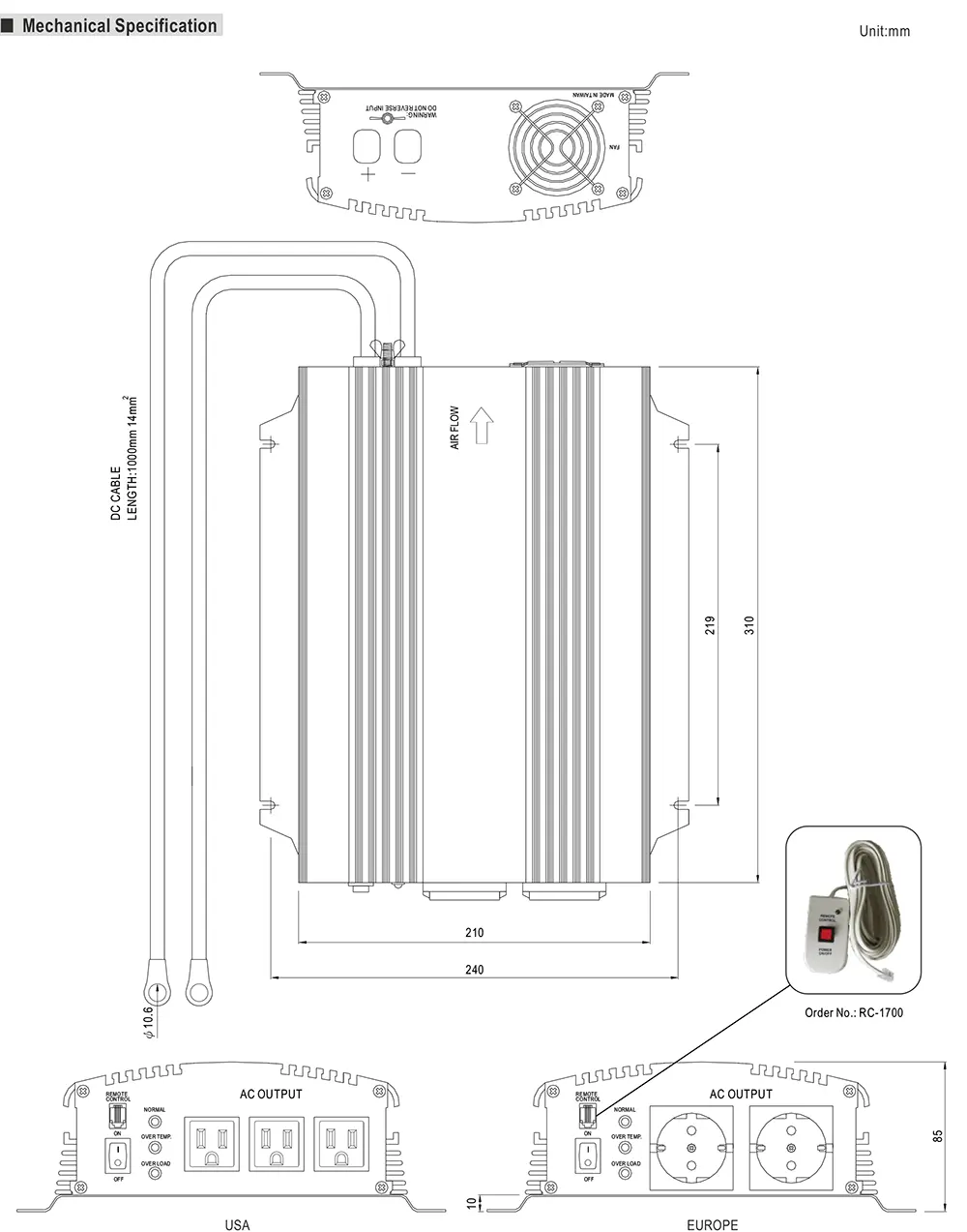 Mechanical Drawing of the Mean Well A301/302-1K0 Series Power Inverter