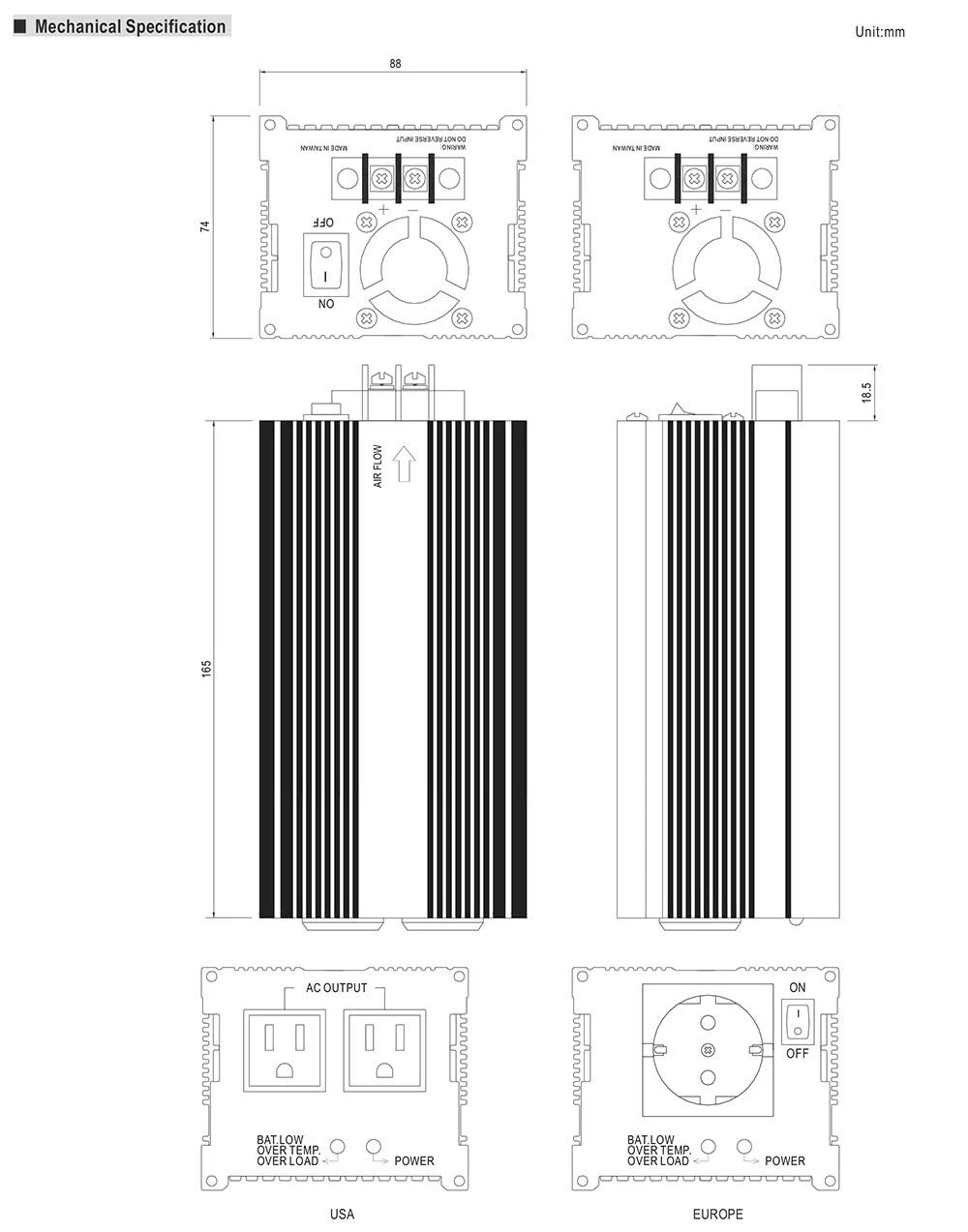 Mean Well A301/302-300 Series Power Inverter Drawing Mean Well A301/302-300 Series power inverter product image and mechanical drawing