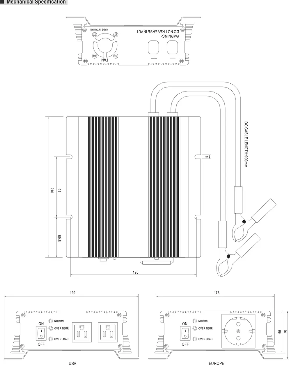 Mean Well A301/302-600 Series Mechanical Drawing Mechanical drawing of Mean Well A301/302-600 Series 600W DC-AC power inverter