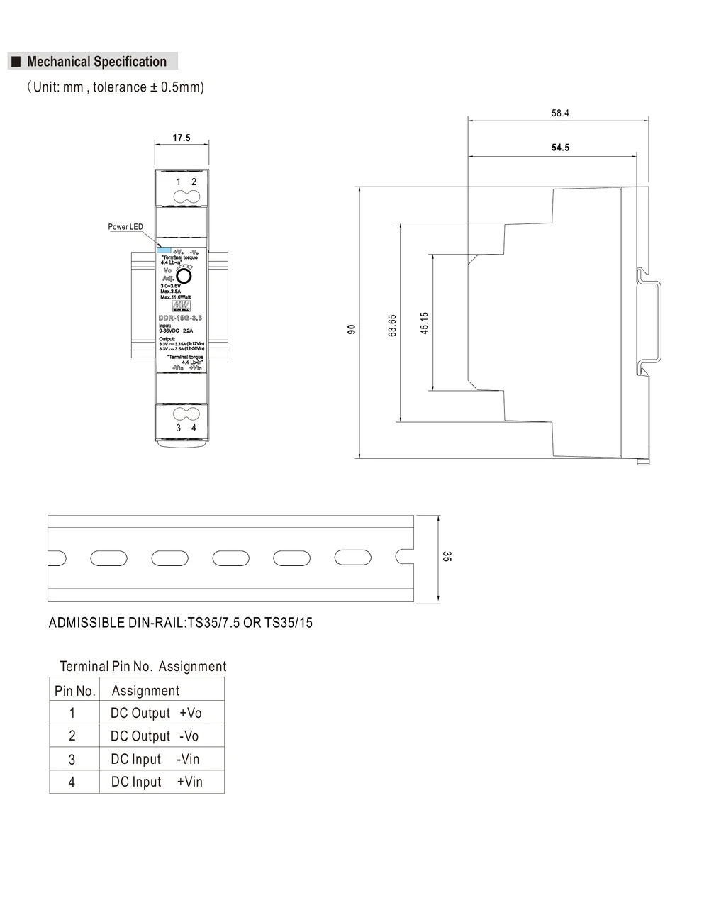 MEAN WELL DDR-15 Series Mechanical Drawing and Dimensions MEAN WELL DDR-15 Series mechanical drawing with DIN rail converter dimensions and terminal assignment