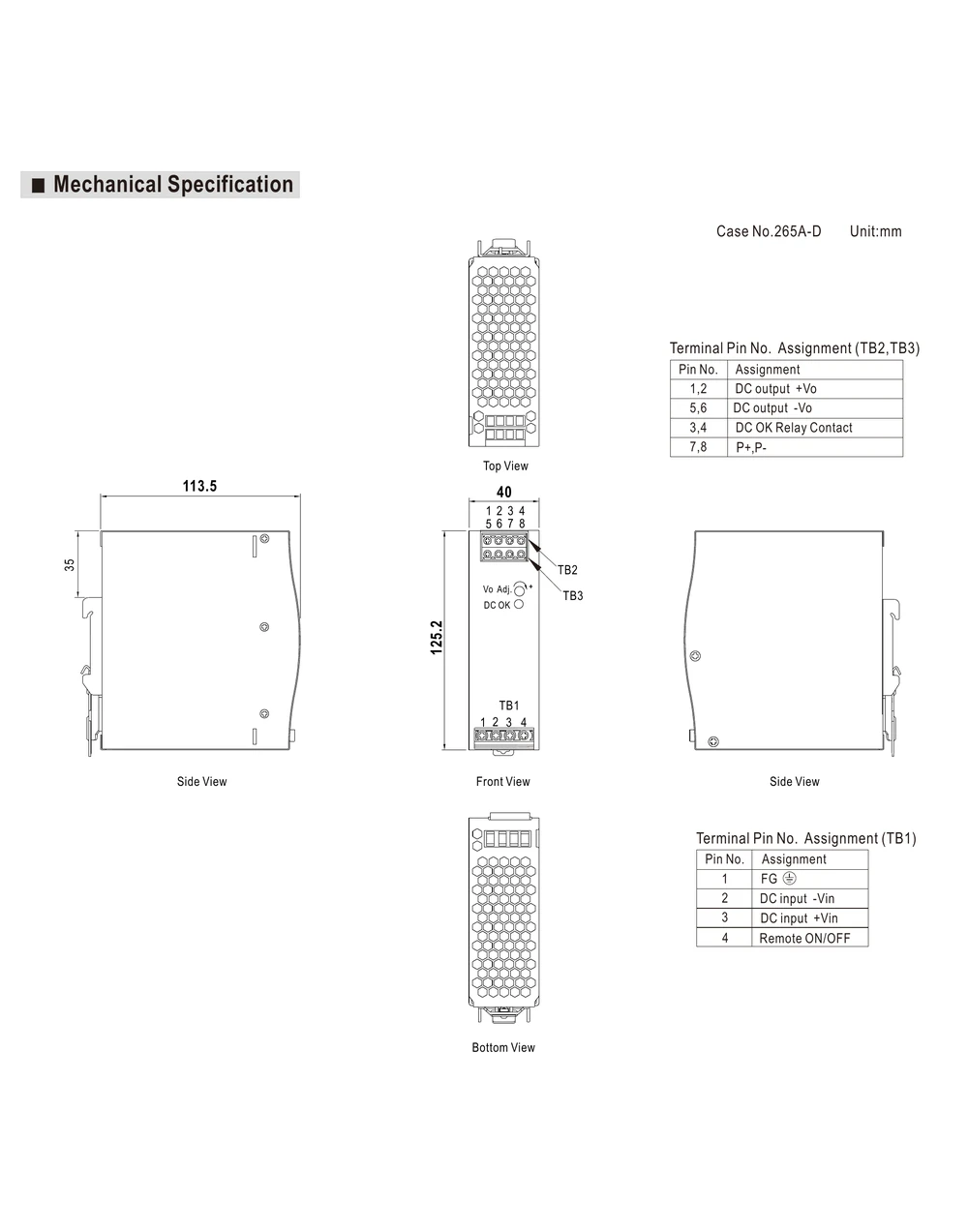 MEAN WELL DDR-240 Series mechanical drawing and terminal layout