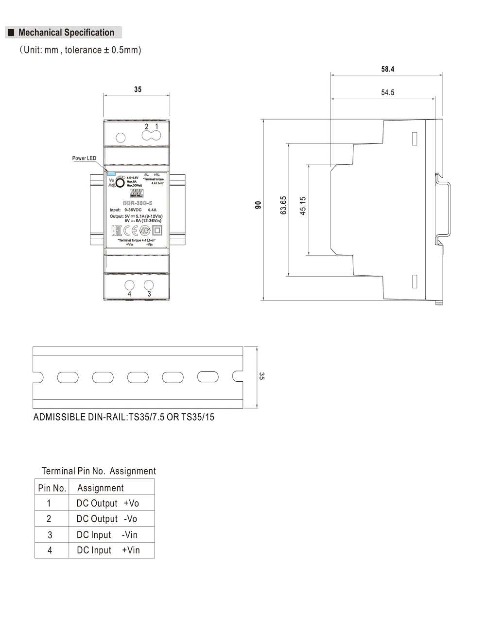 MEAN WELL DDR-30 Series mechanical drawing with DIN rail dimensions and terminal assignment