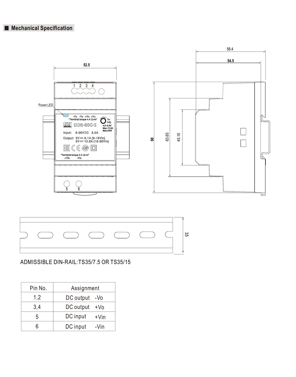 MEAN WELL DDR-60 Series DIN rail DC-DC converter mechanical drawing and dimensions