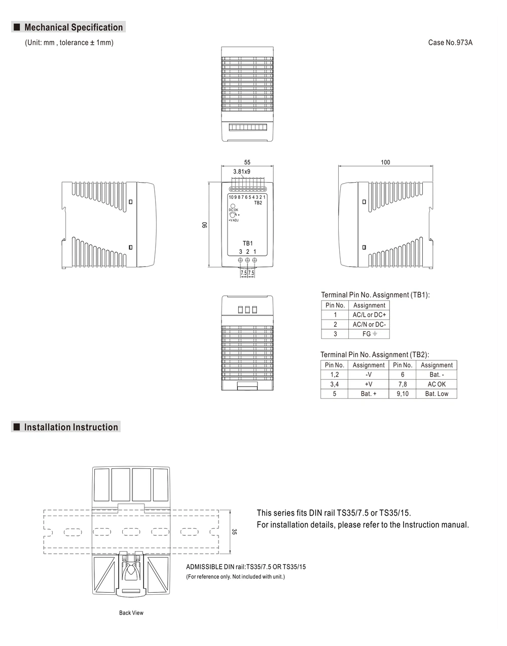 MEAN WELL DRC-100 Series mechanical drawing