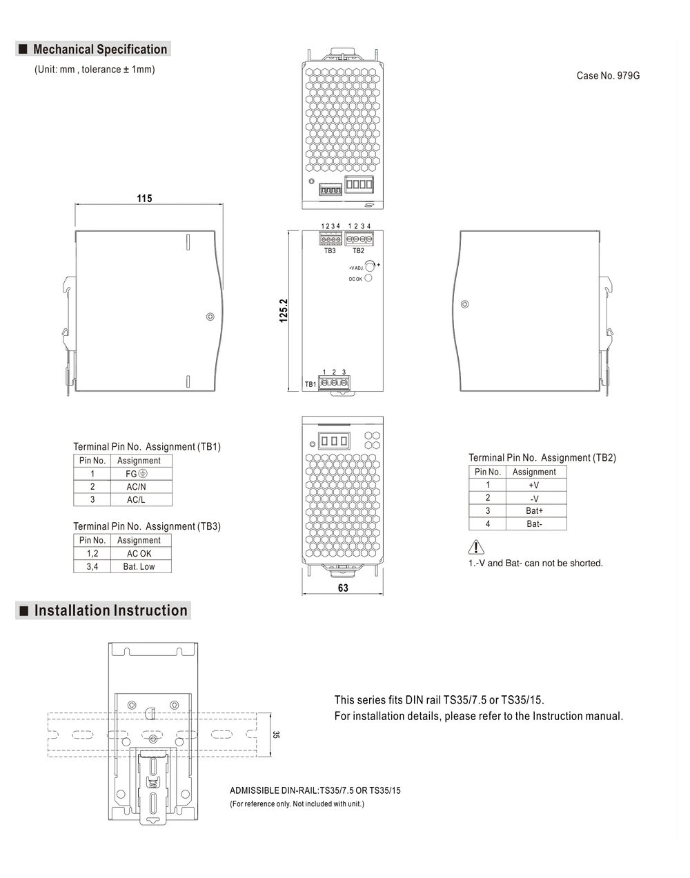 MEAN WELL DRC-180 Series mechanical drawing with dimensions and DIN rail installation