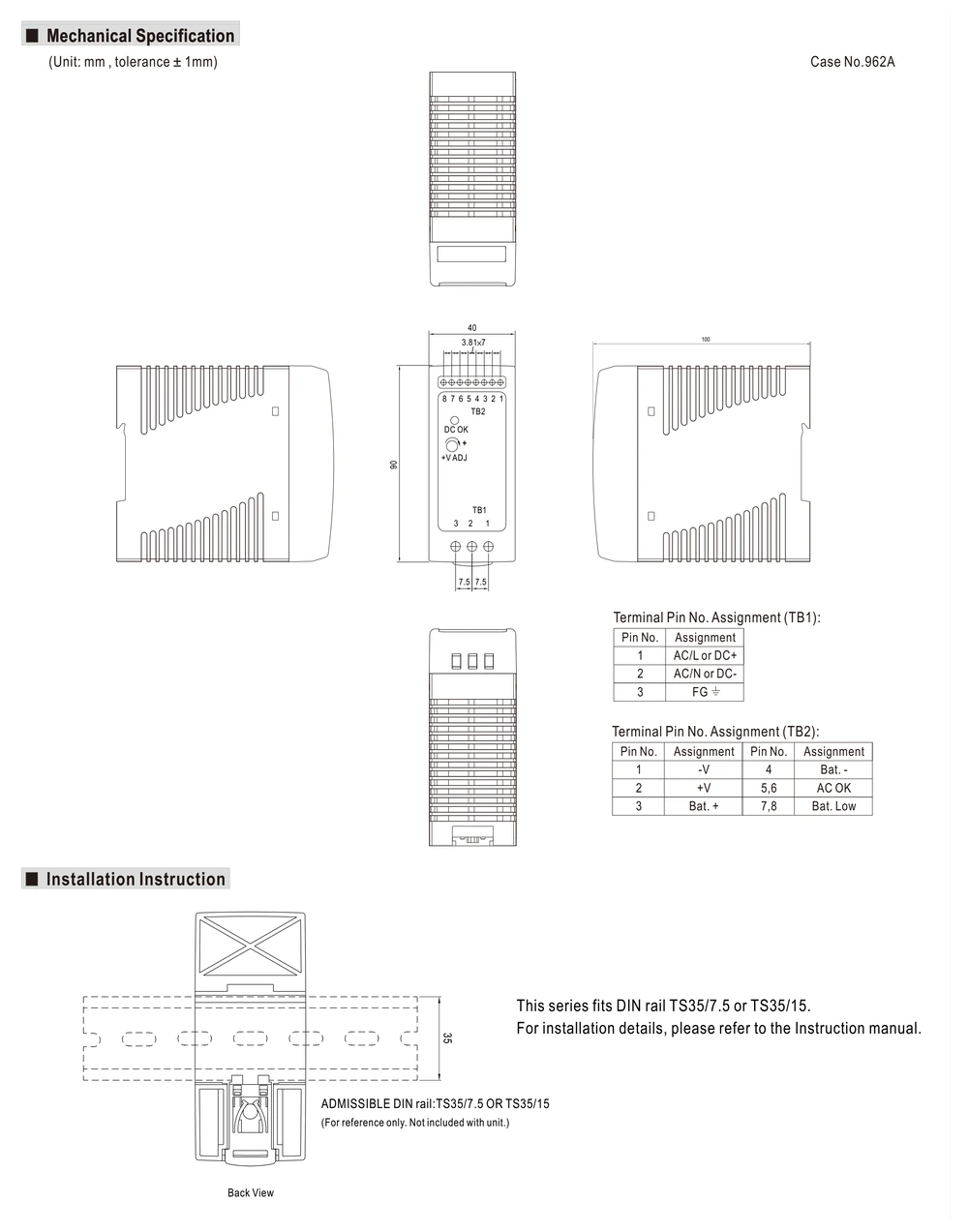 MEAN WELL DRC-40 Series mechanical drawing with dimensions and DIN rail mounting