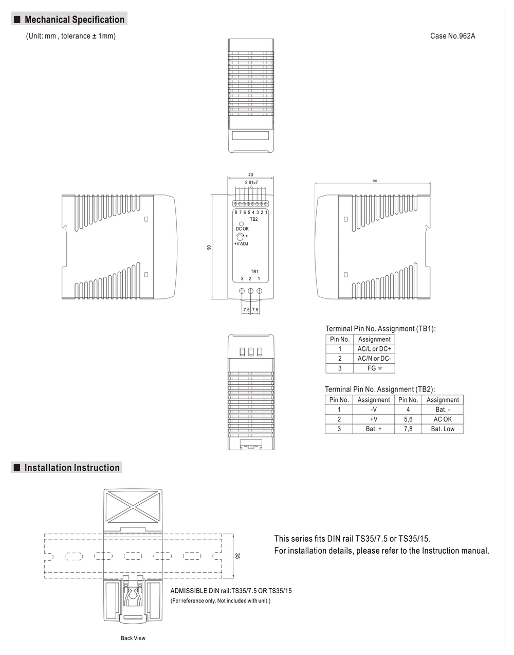 MEAN WELL DRC-60 Series mechanical drawing with dimensions and DIN rail installation