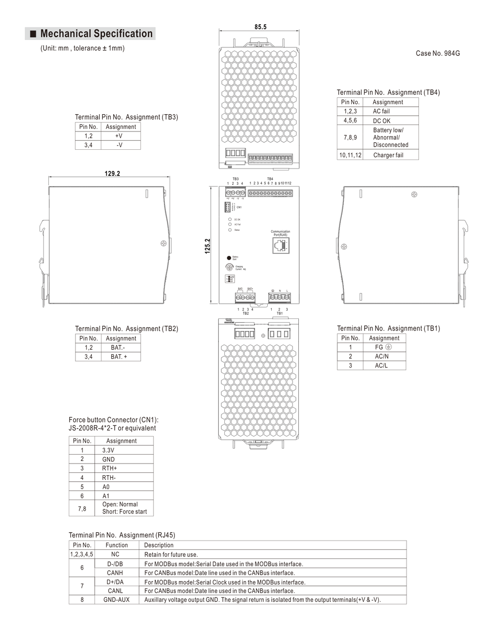 MEAN WELL DRS-240 Series mechanical drawing with dimensions and terminal layout