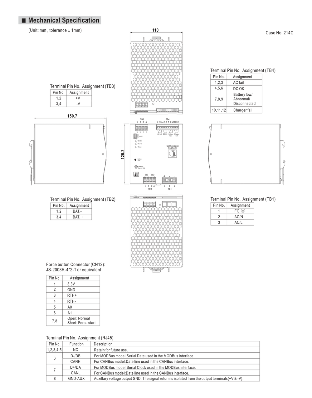 MEAN WELL DRS-480 Series mechanical drawing with dimensions and terminal layout