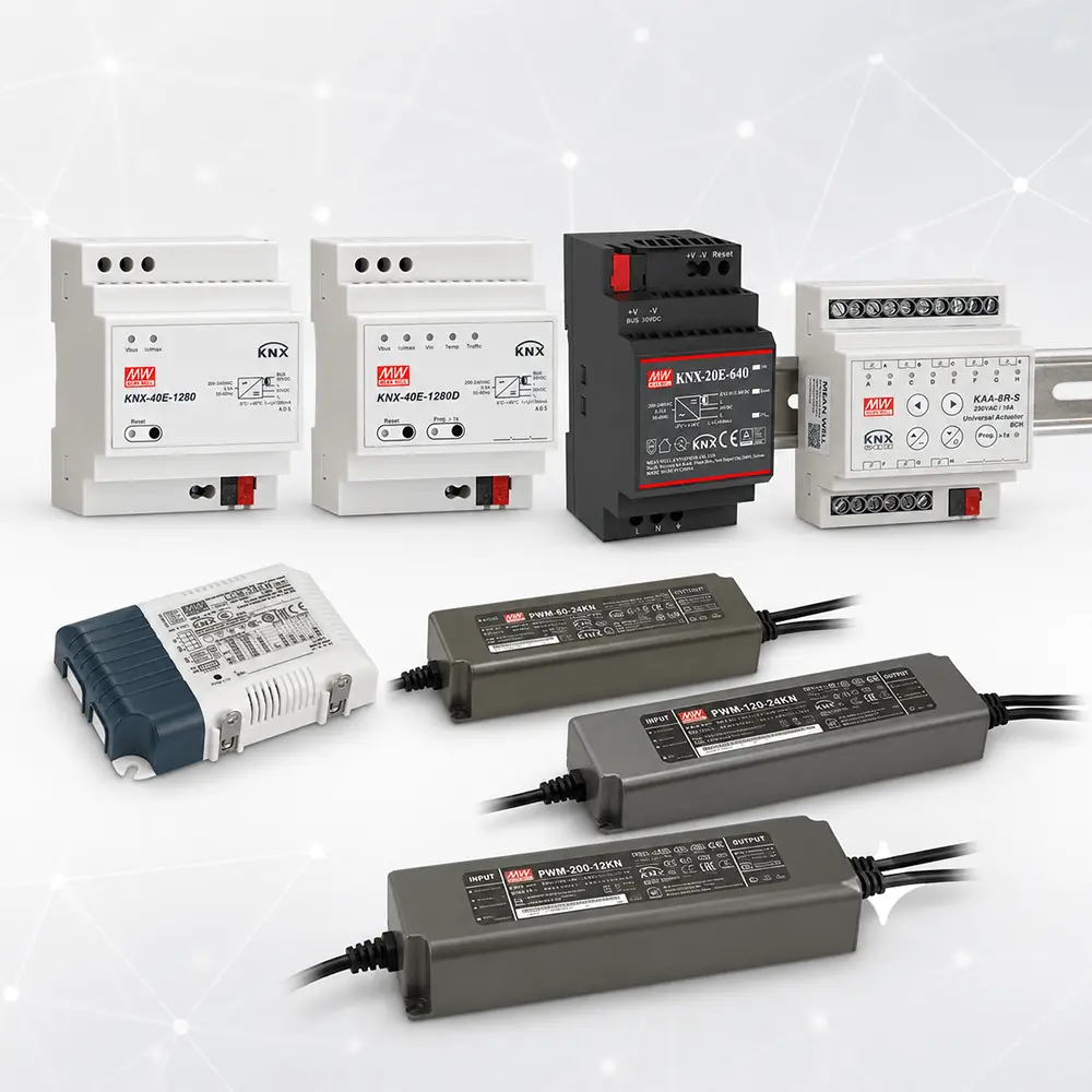 MEAN WELL KNX product ecosystem including power supply, LED driver, actuator, interface and gateway for building automation