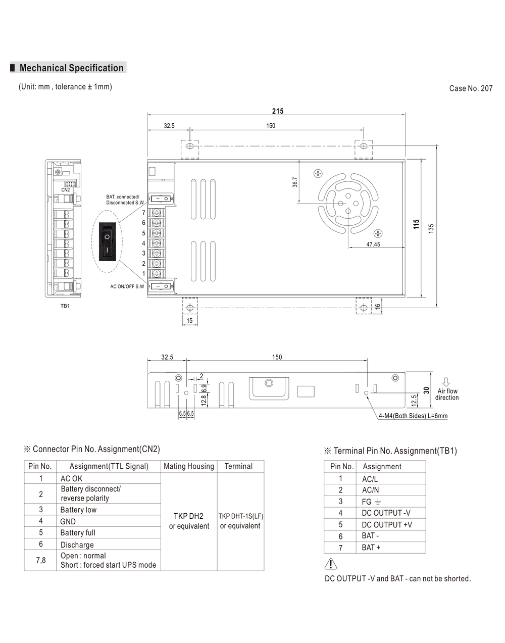 MEAN WELL LAD-240 mechanical drawing with dimensions and terminal assignments