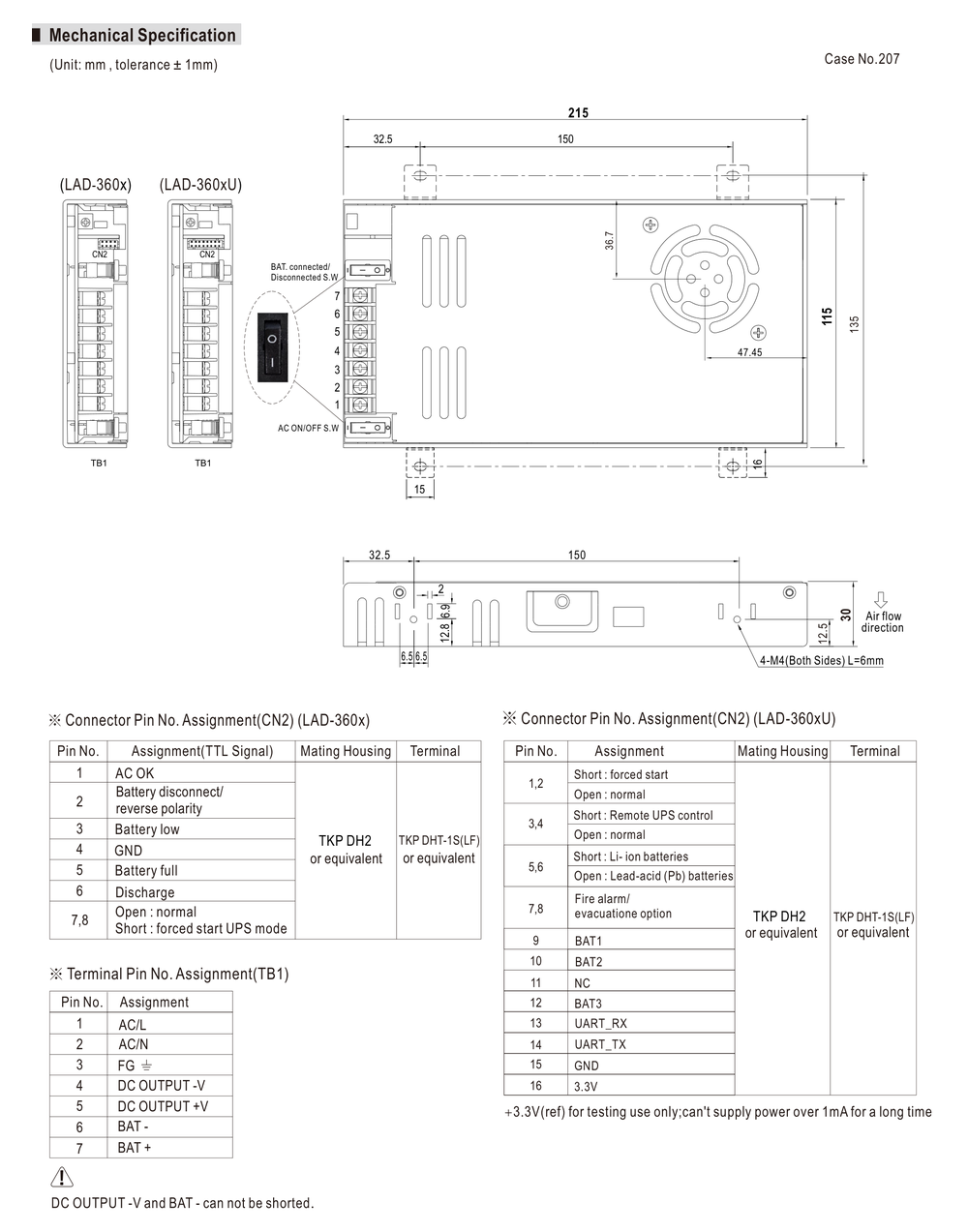MEAN WELL LAD-360 Series mechanical drawing with dimensions and connector pin assignments