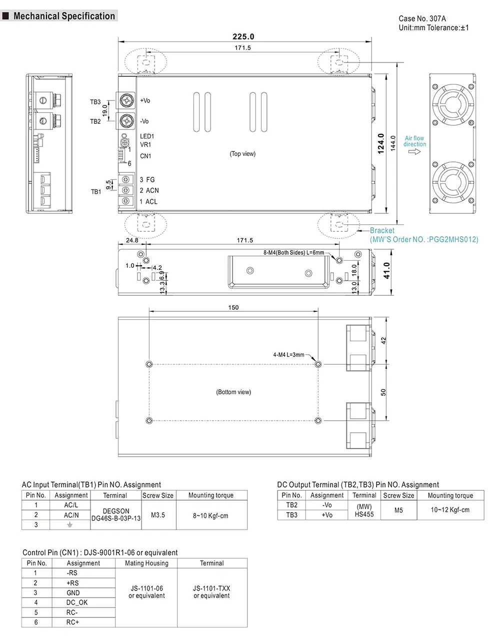 Mechanical drawing of Mean Well LRS-1200 Series enclosed AC/DC power supply