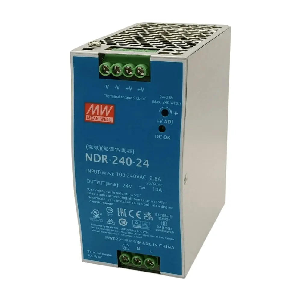 Mean Well NDR-240-24 DIN rail power supply, 24V 10A industrial AC-DC converter