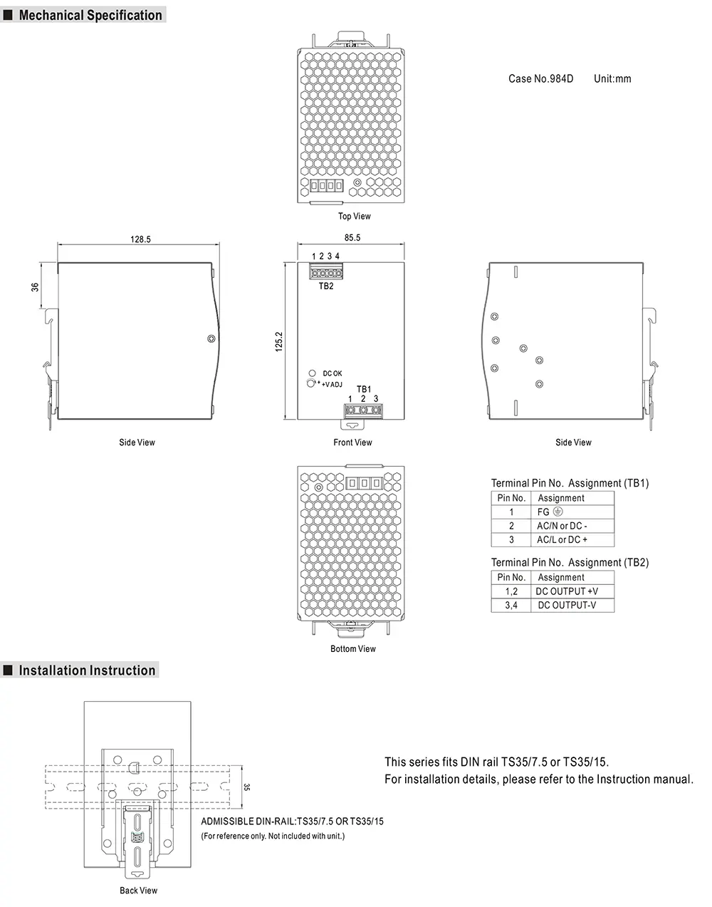 MEAN WELL NDR-480 Series Mechanical Drawing MEAN WELL NDR-480 Series mechanical drawing and terminal assignment