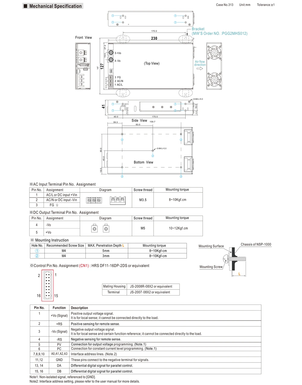 MEAN WELL NSP-1000 Series mechanical drawing