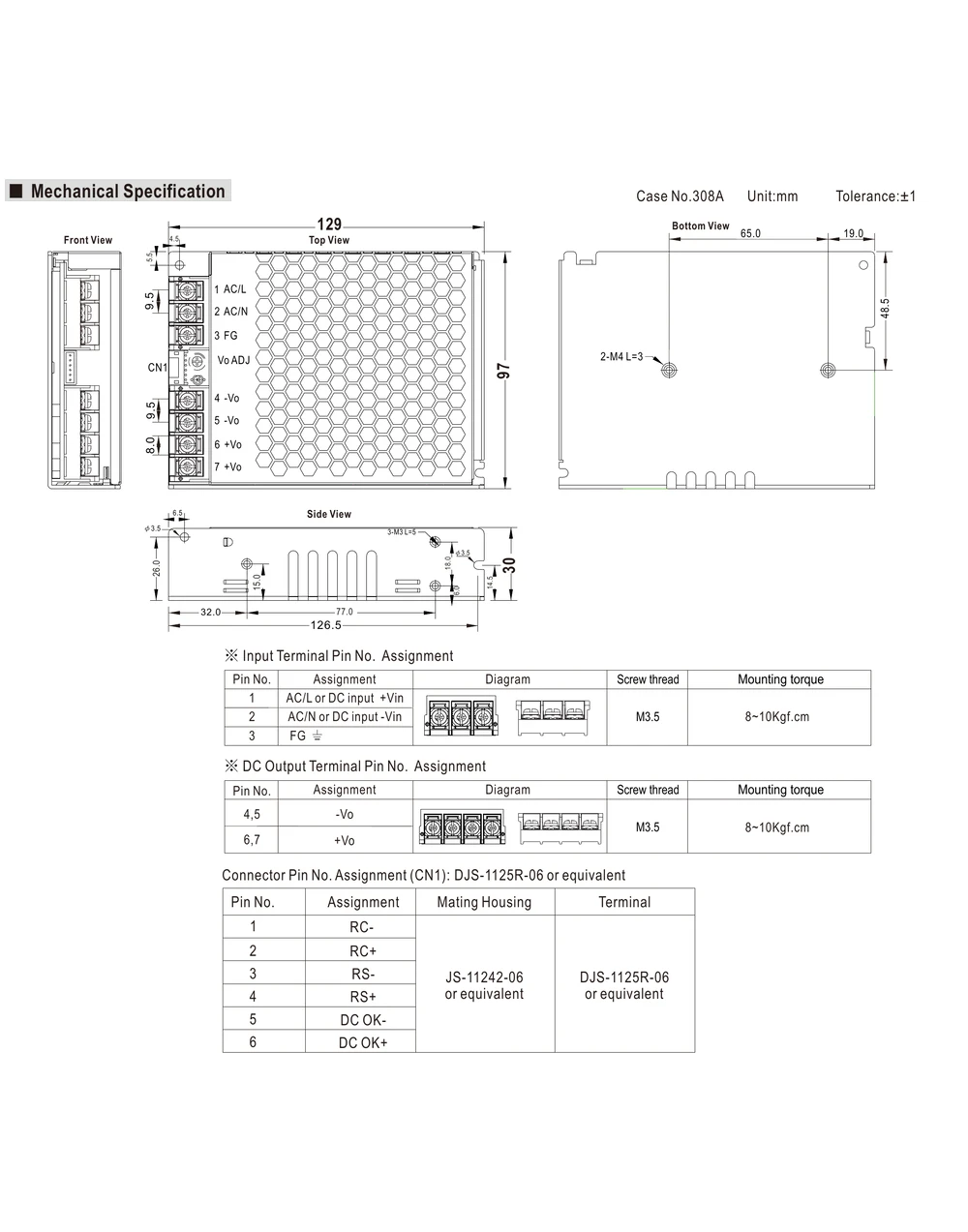 MEAN WELL NSP-150 Series mechanical drawing showing 150W AC/DC enclosed power supply dimensions and terminal layout