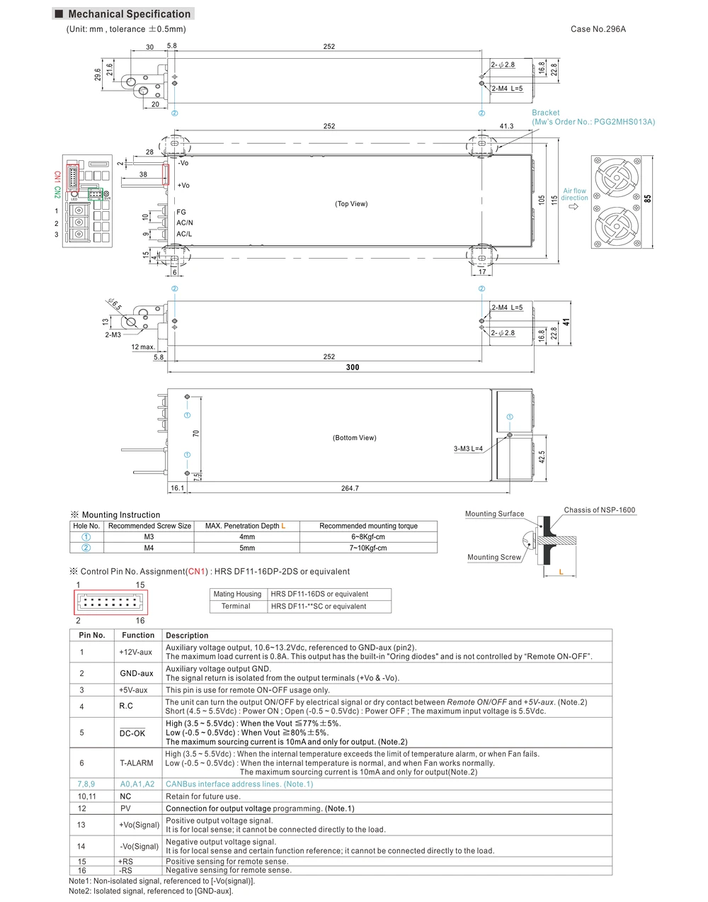MEAN WELL NSP-1600 Series mechanical drawing