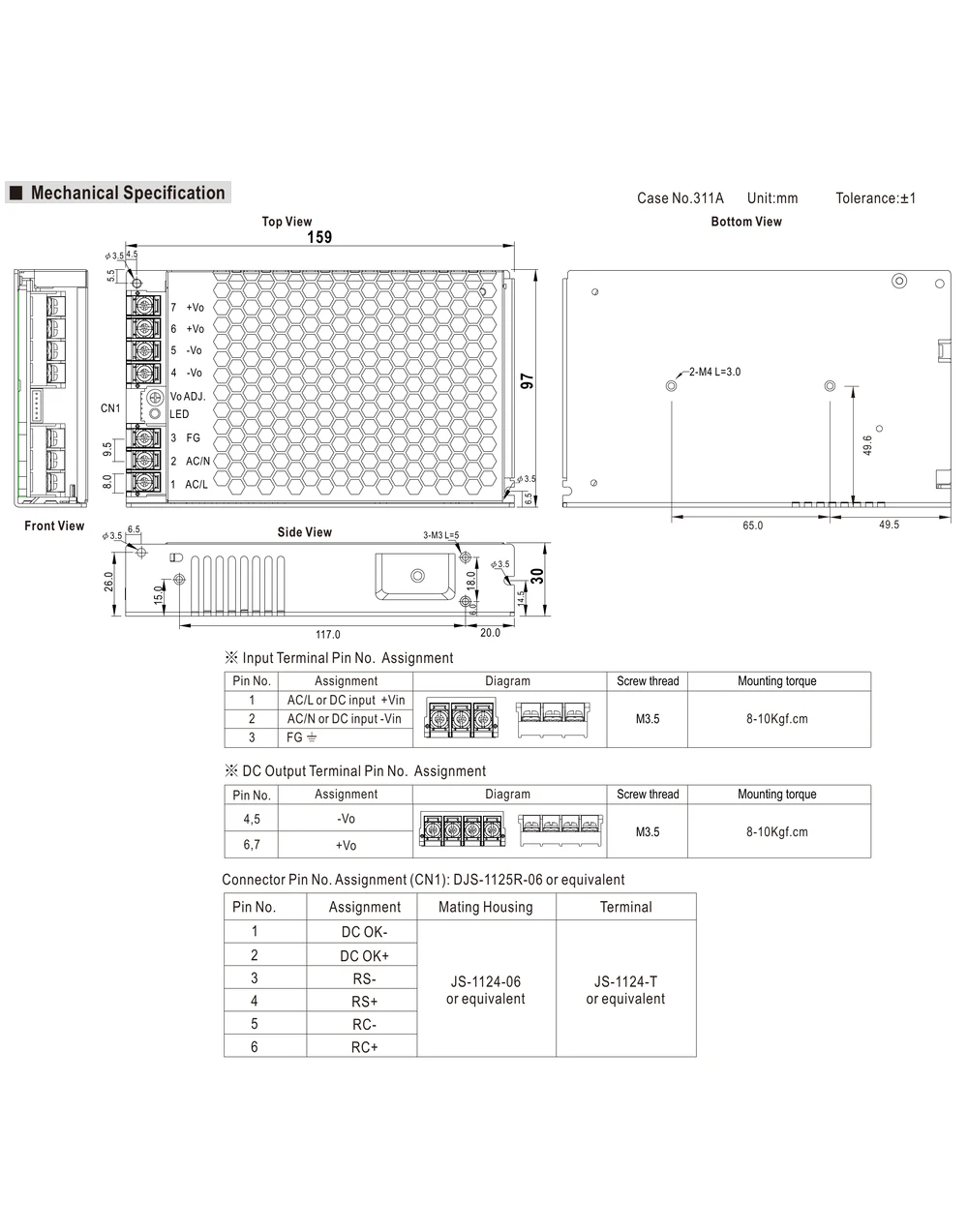 MEAN WELL NSP-200 Series mechanical drawing showing 200W AC/DC enclosed power supply dimensions and terminal layout