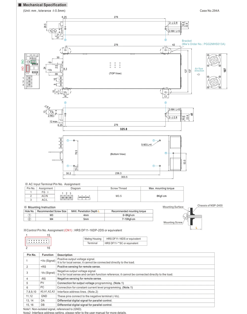 MEAN WELL NSP-2400 Series mechanical drawing and dimensions