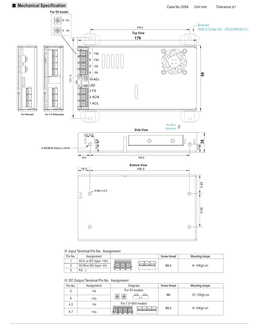 MEAN WELL NSP-320 Series mechanical drawing showing 320W AC/DC enclosed power supply dimensions and terminal layout