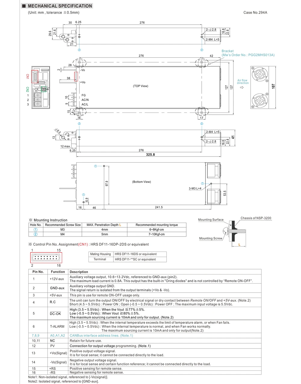 MEAN WELL NSP-3200 Series 3200W AC/DC enclosed power supply mechanical drawing showing dimensions and terminal layout
