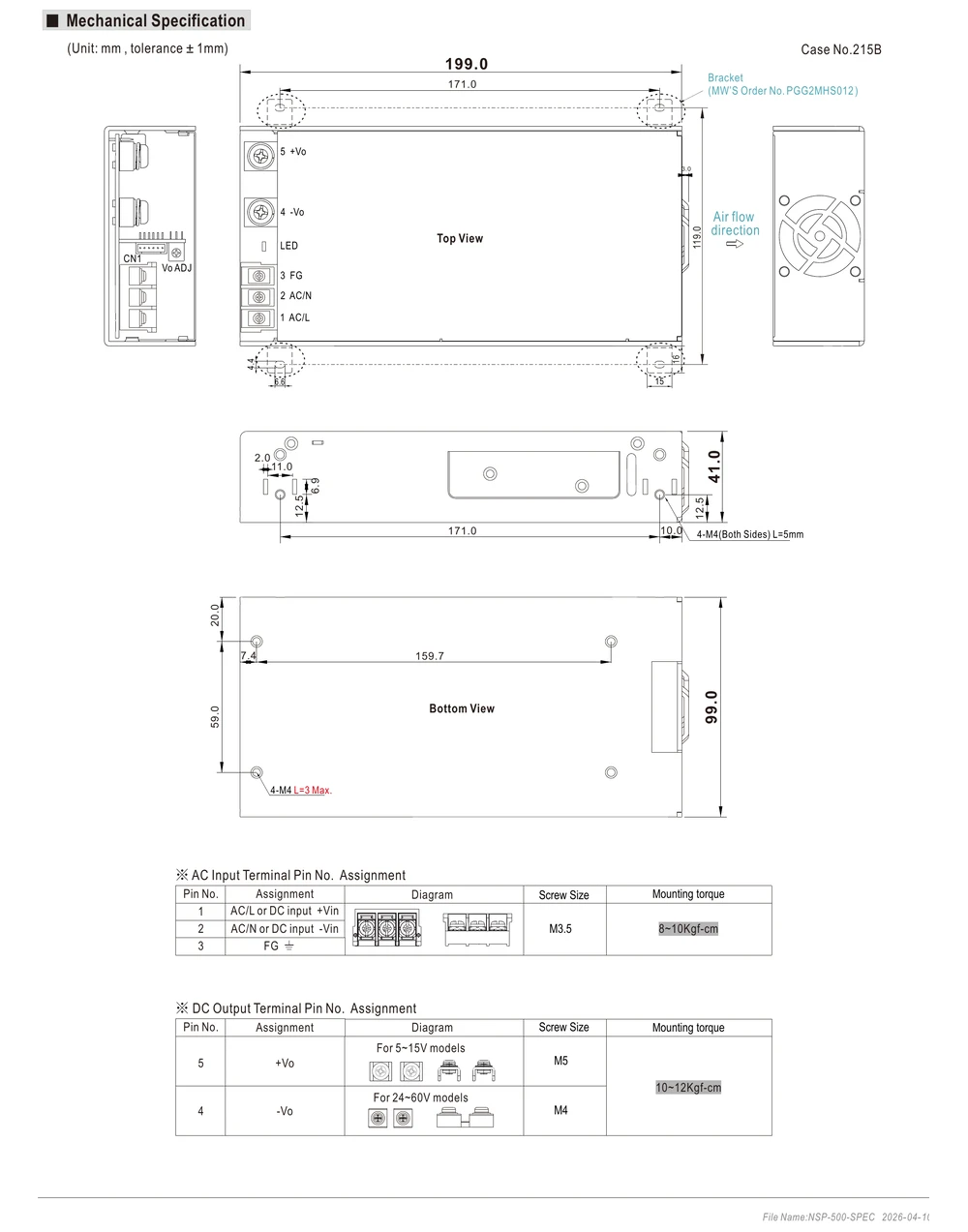 MEAN WELL NSP-500 Series 500W AC/DC enclosed power supply mechanical drawing showing dimensions and mounting details for industrial use