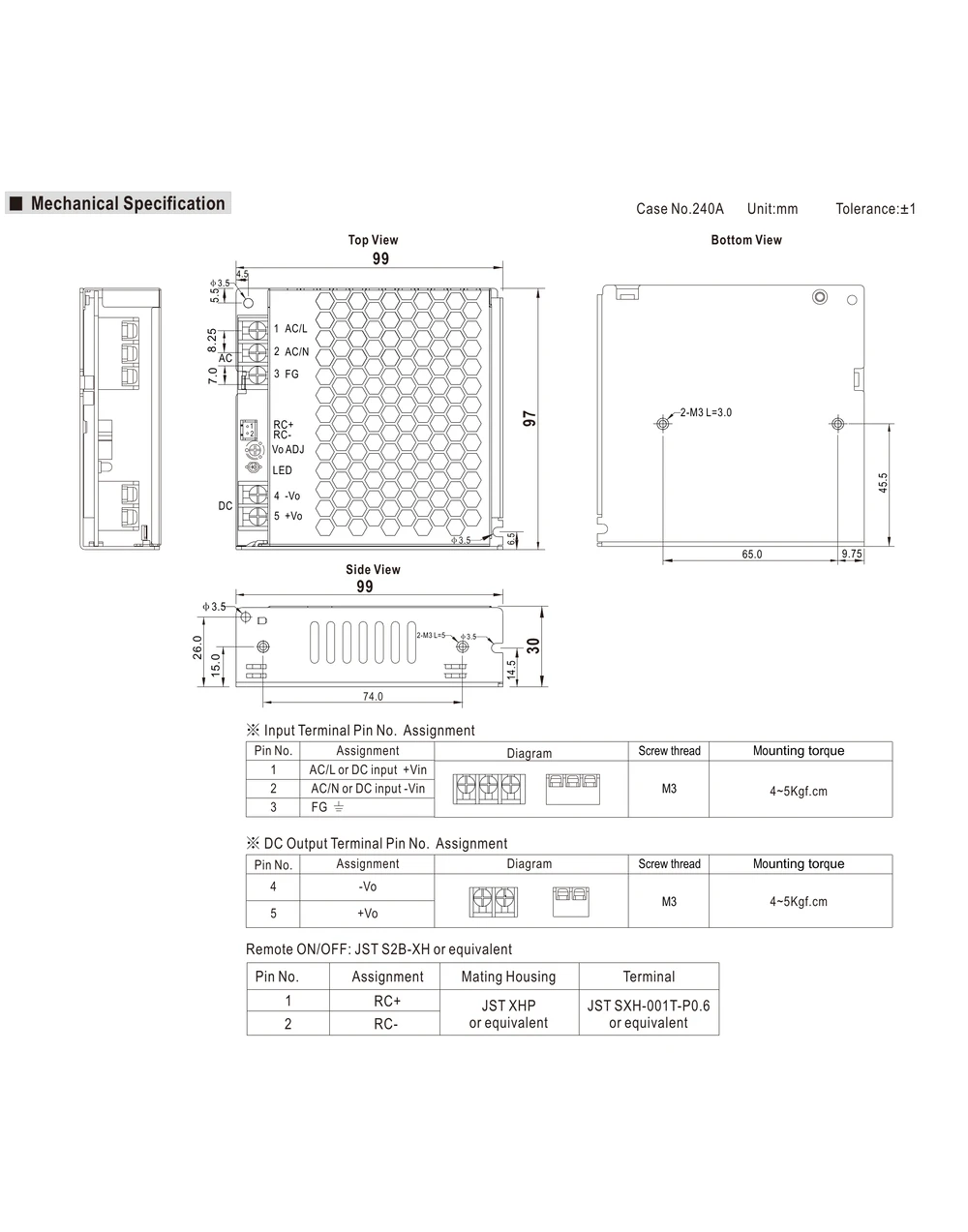 MEAN WELL NSP-75 Series mechanical drawing with dimensions and terminal layout