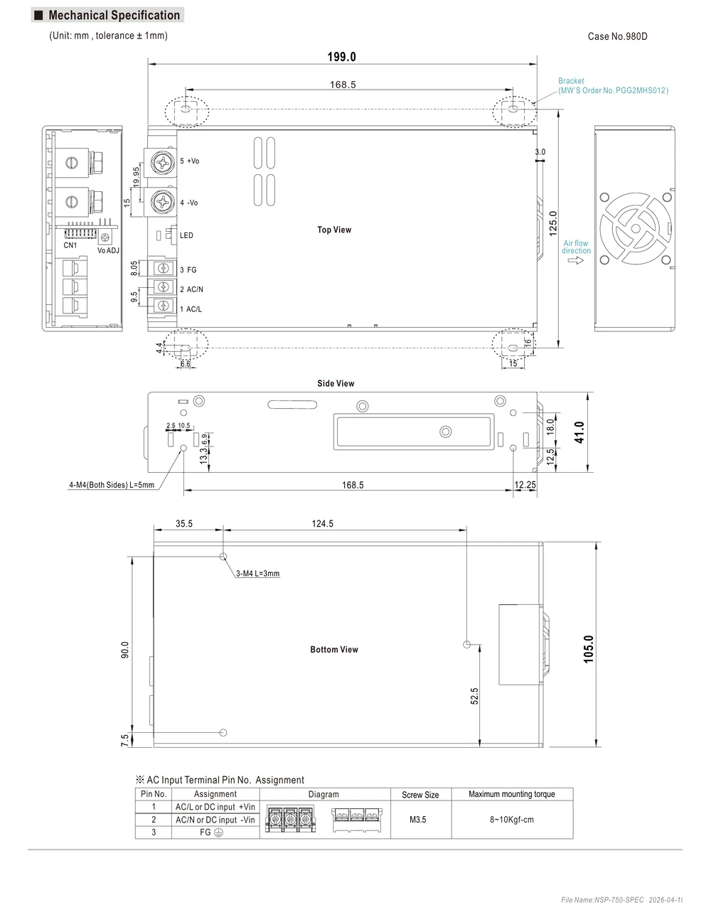MEAN WELL NSP-750 Series mechanical drawing 750W AC/DC enclosed power supply dimensions for industrial automation use