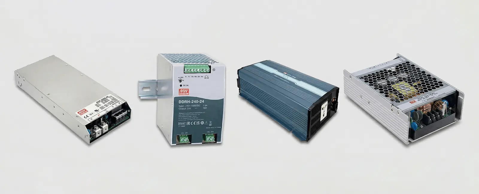 Mean Well Product Categories Overview Mean Well product categories overview showing AC-DC power supplies, DC-DC converters, DC-AC inverters and AC-AC power products