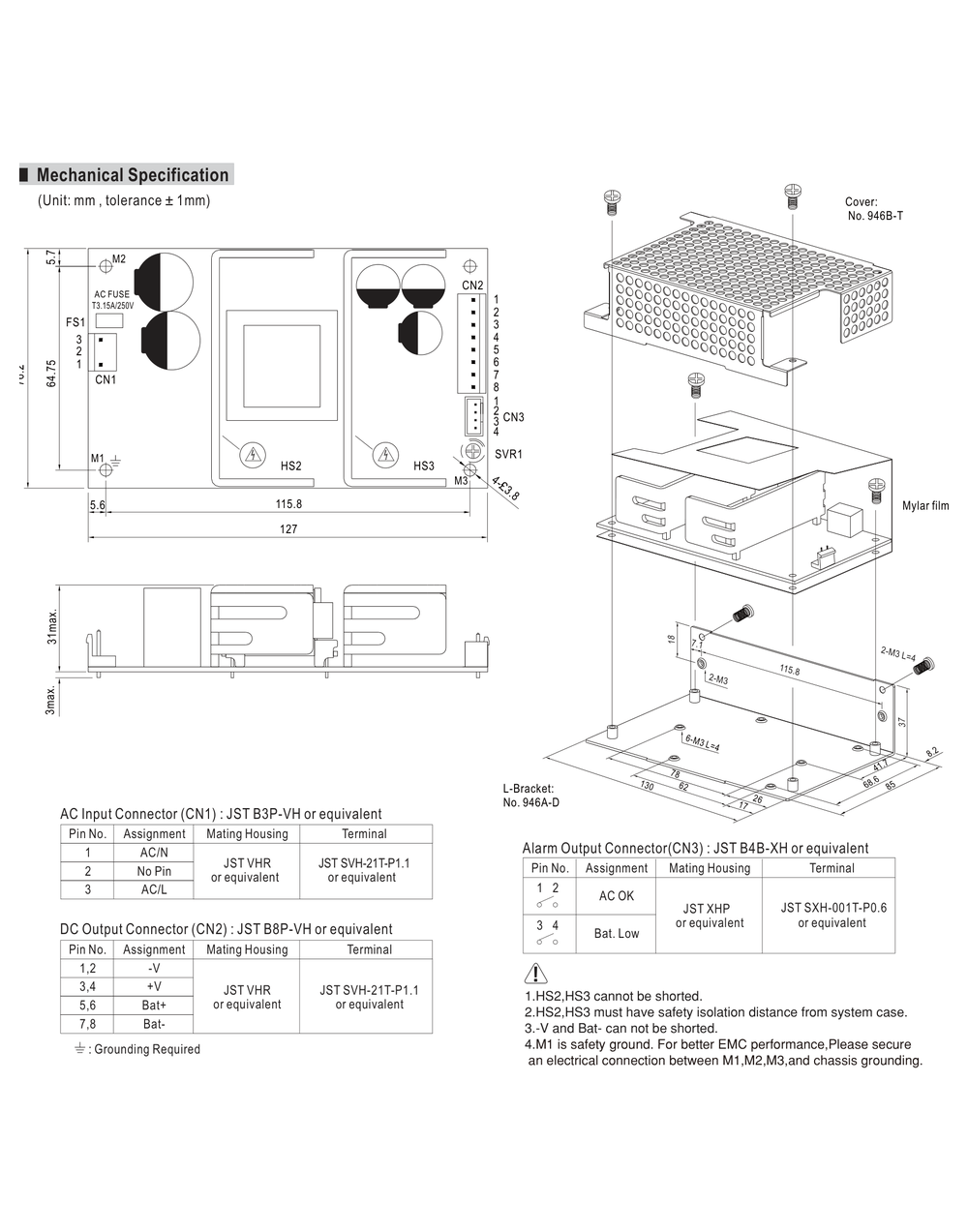 MEAN WELL PSC-100 Series mechanical drawing and dimensions