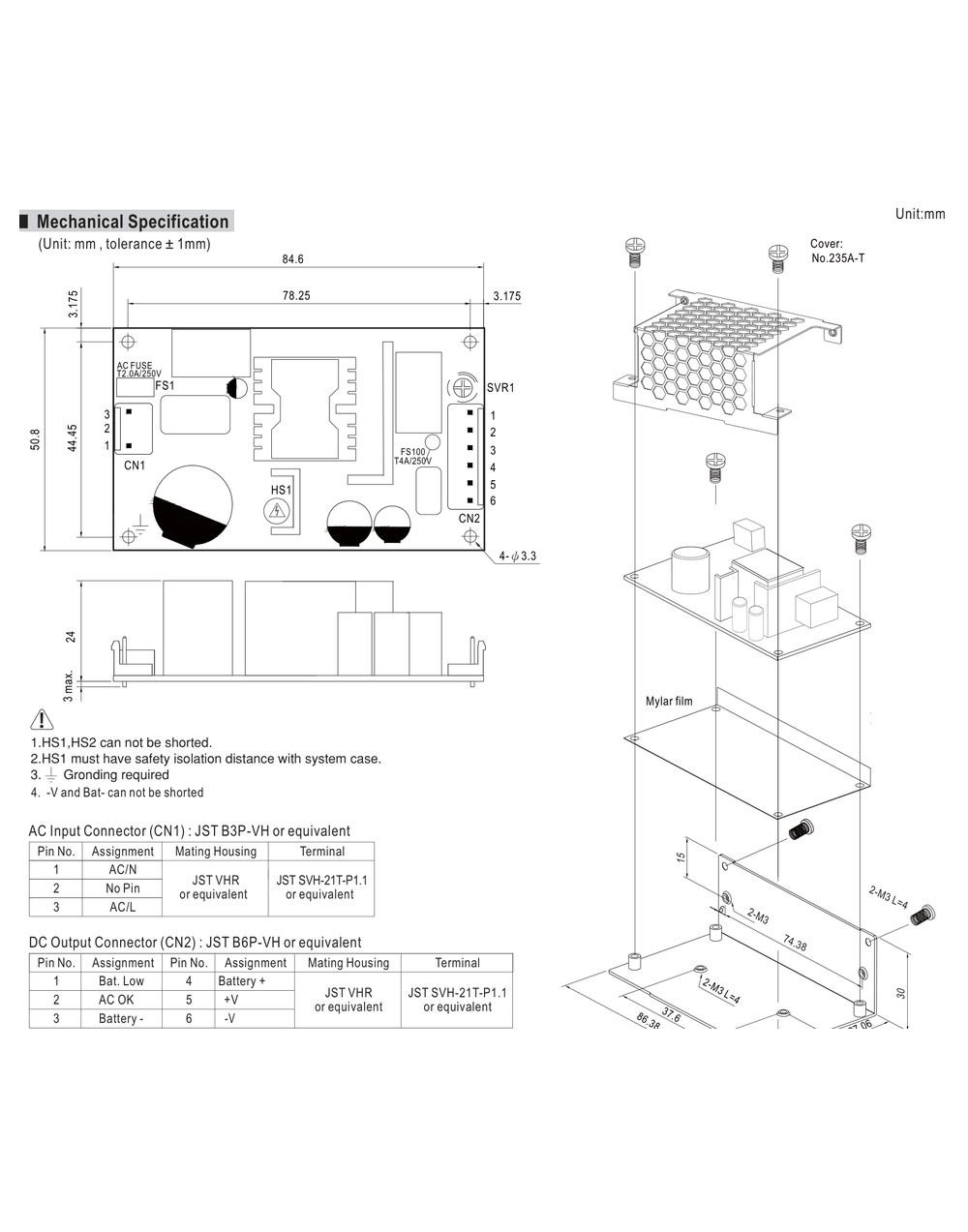 MEAN WELL PSC-35 Series mechanical drawing with dimensions