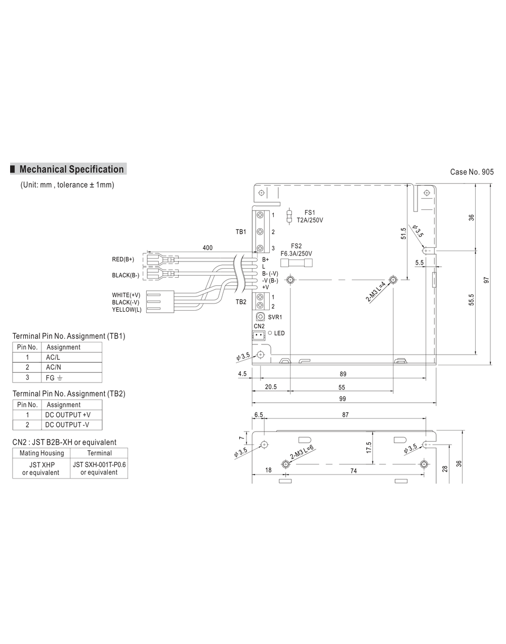 MEAN WELL SCP-35 Series Mechanical Drawing MEAN WELL SCP-35 Series mechanical drawing with dimensions and terminal locations
