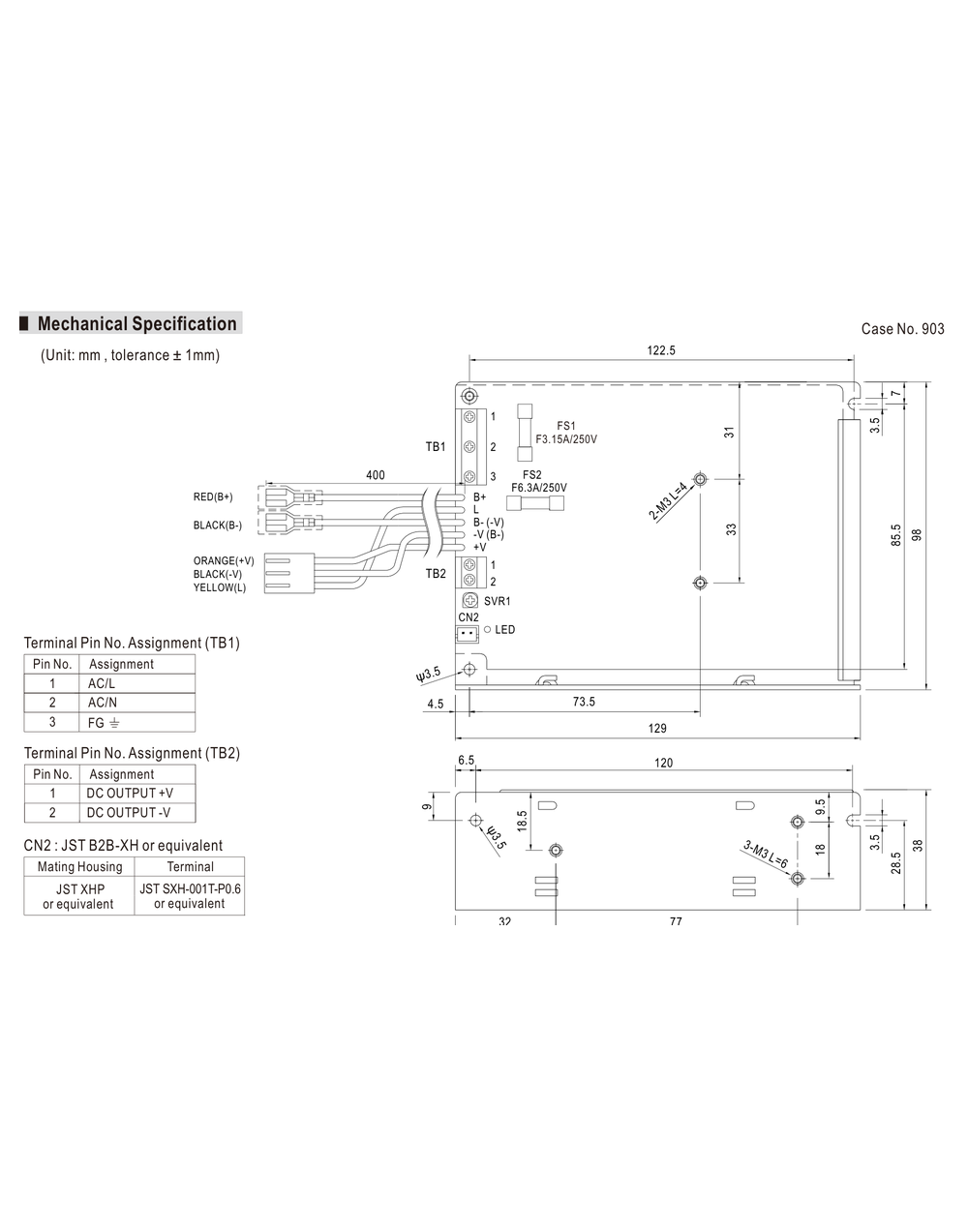 MEAN WELL SCP-50 Series Mechanical Drawing MEAN WELL SCP-50 Series mechanical drawing and terminal assignments