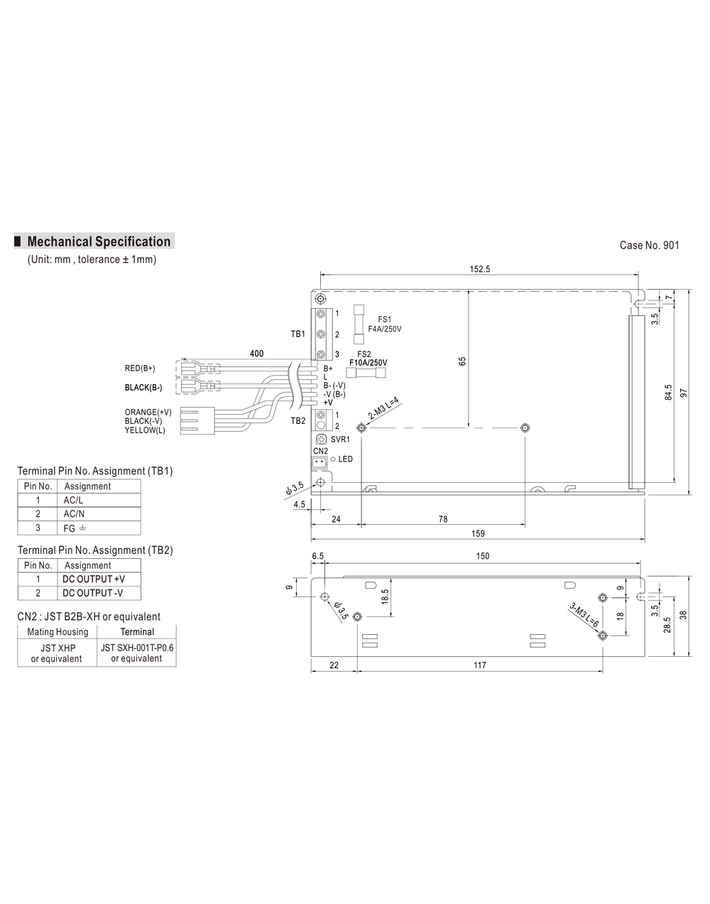 MEAN WELL SCP-75 Series mechanical drawing with dimensions and terminal layout