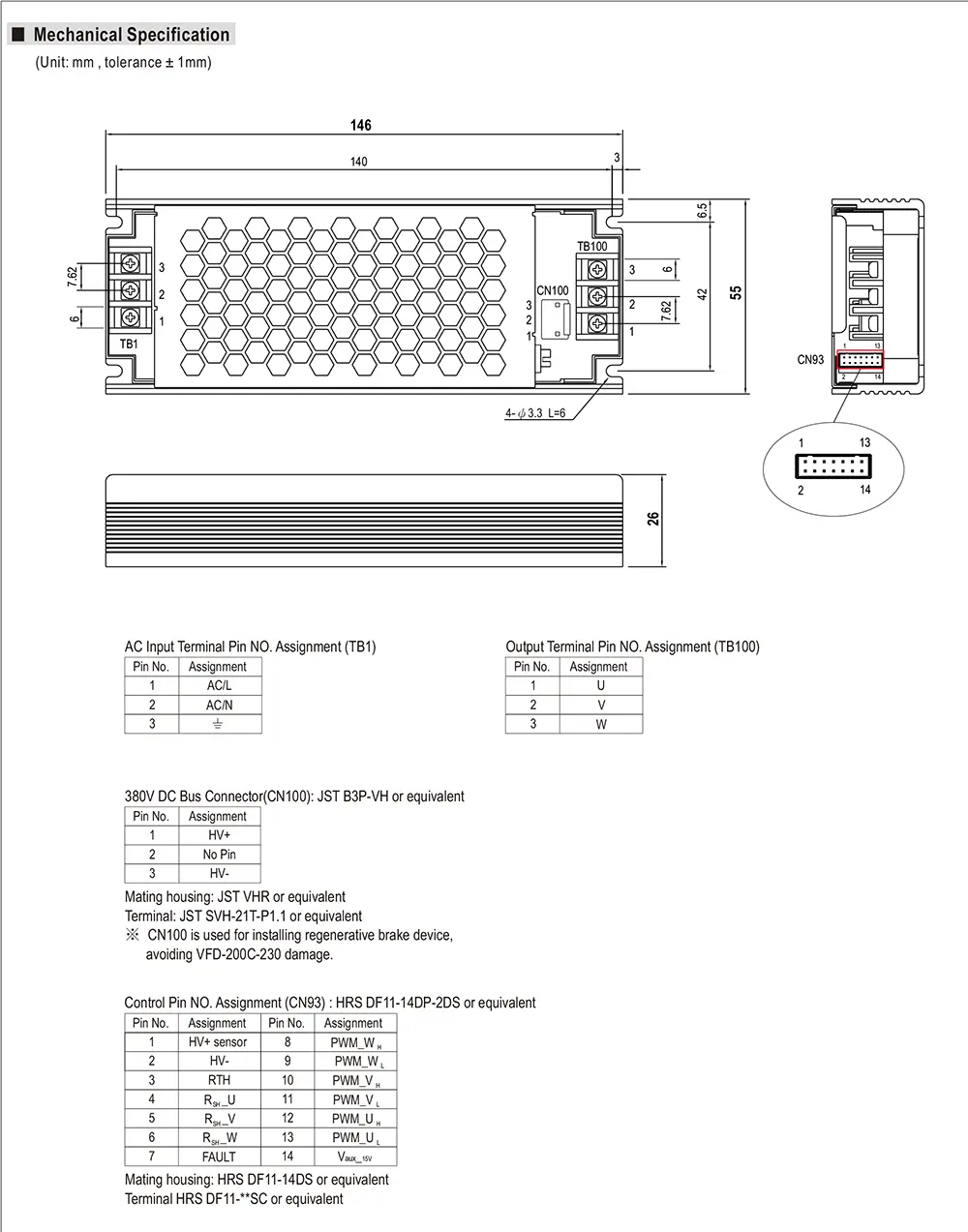 MEAN WELL VFD-200C-230 mechanical drawing with dimensions and connector layout
