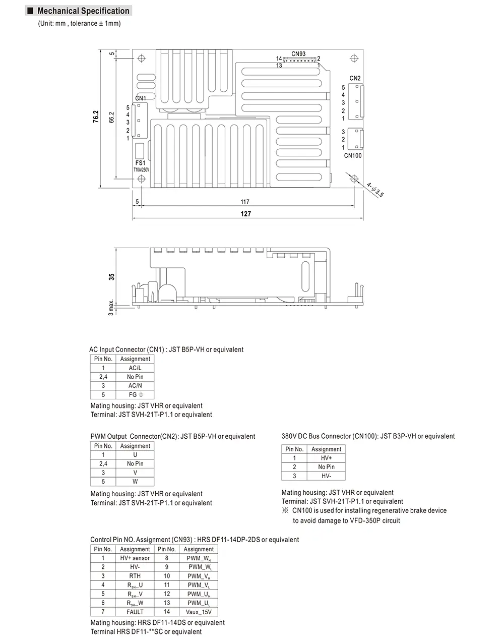 MEAN WELL VFD-250P-230 mechanical drawing with dimensions for AC input VFD module