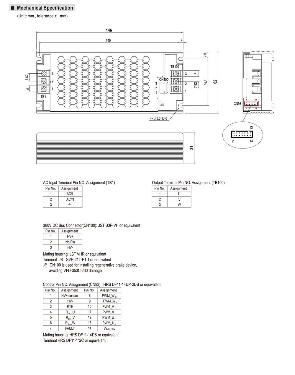 MEAN WELL VFD-350C-230 mechanical drawing with dimensions and connector layout