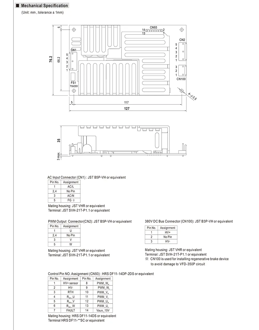 MEAN WELL VFD-350P-230 mechanical drawing with dimensions and connector layout