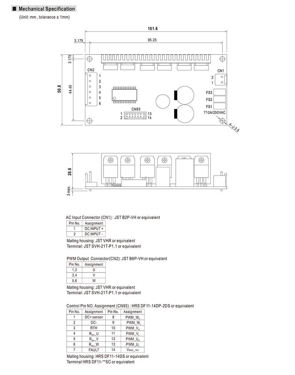 MEAN WELL VFD-350P-48 mechanical drawing and dimensions