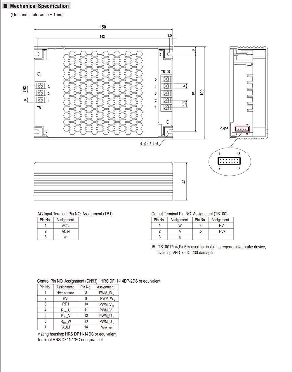 MEAN WELL VFD-750C-230 mechanical drawing with dimensions and terminal layout