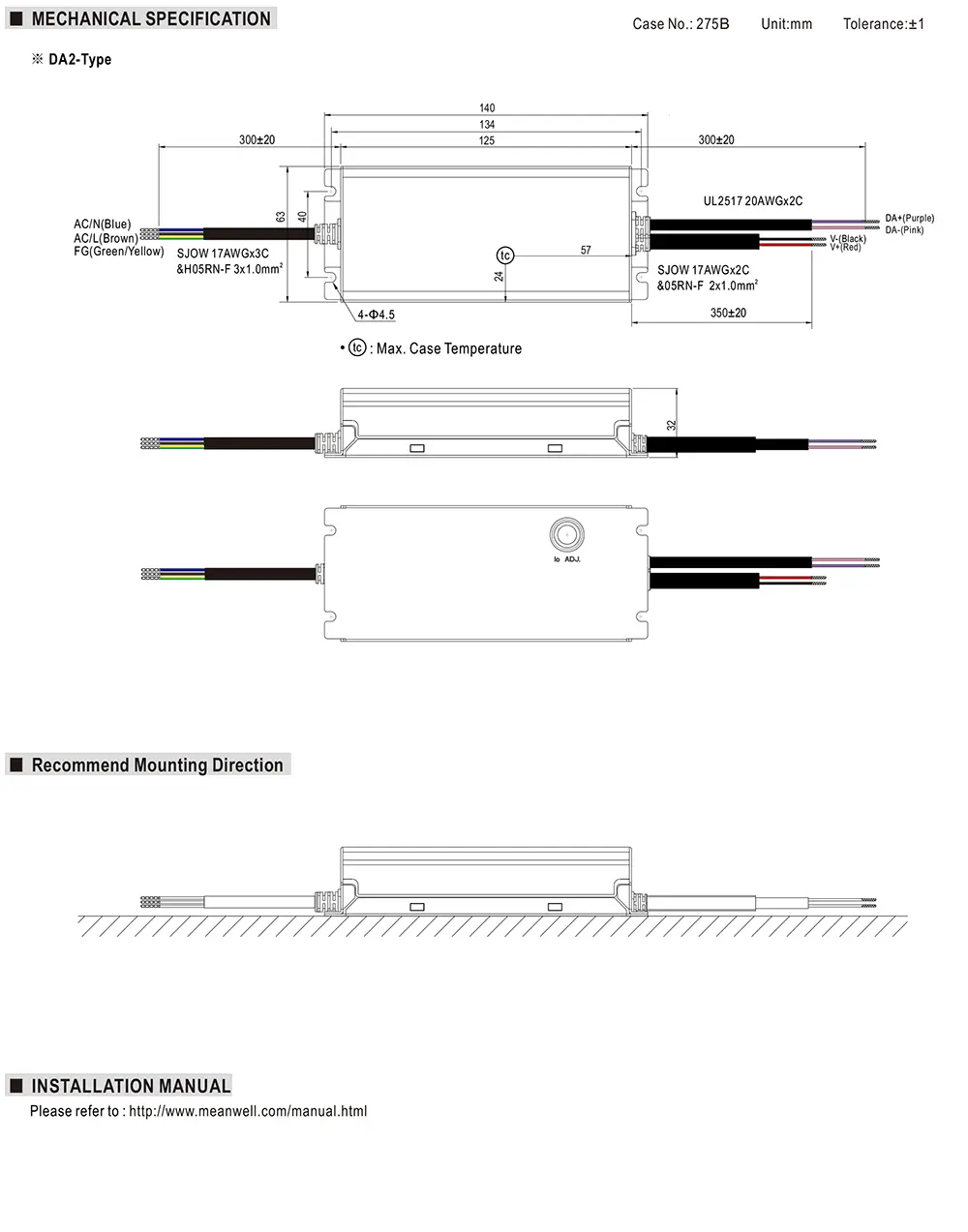 MEAN WELL XLG-100-DA2 Series mechanical drawing and dimensions