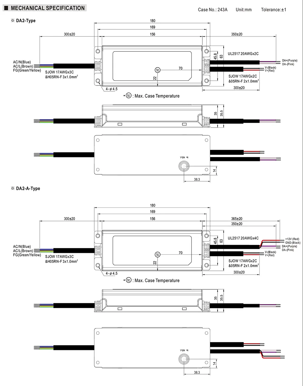 MEAN WELL XLG-150-DA2 Series mechanical drawing and dimensions