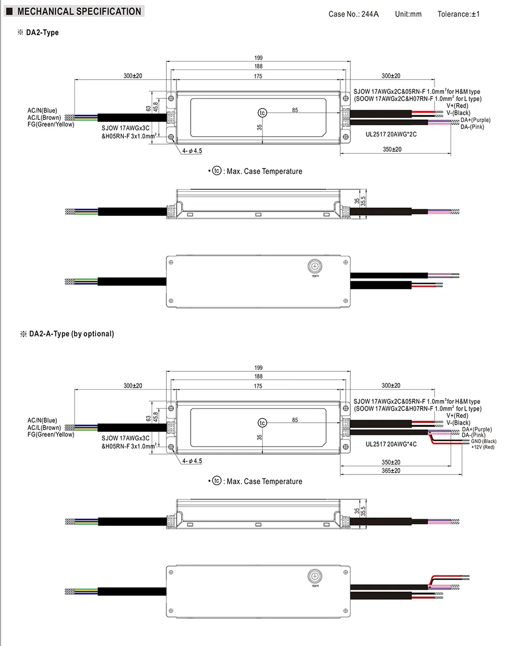 MEAN WELL XLG-200-DA2 Series mechanical drawing and dimensions