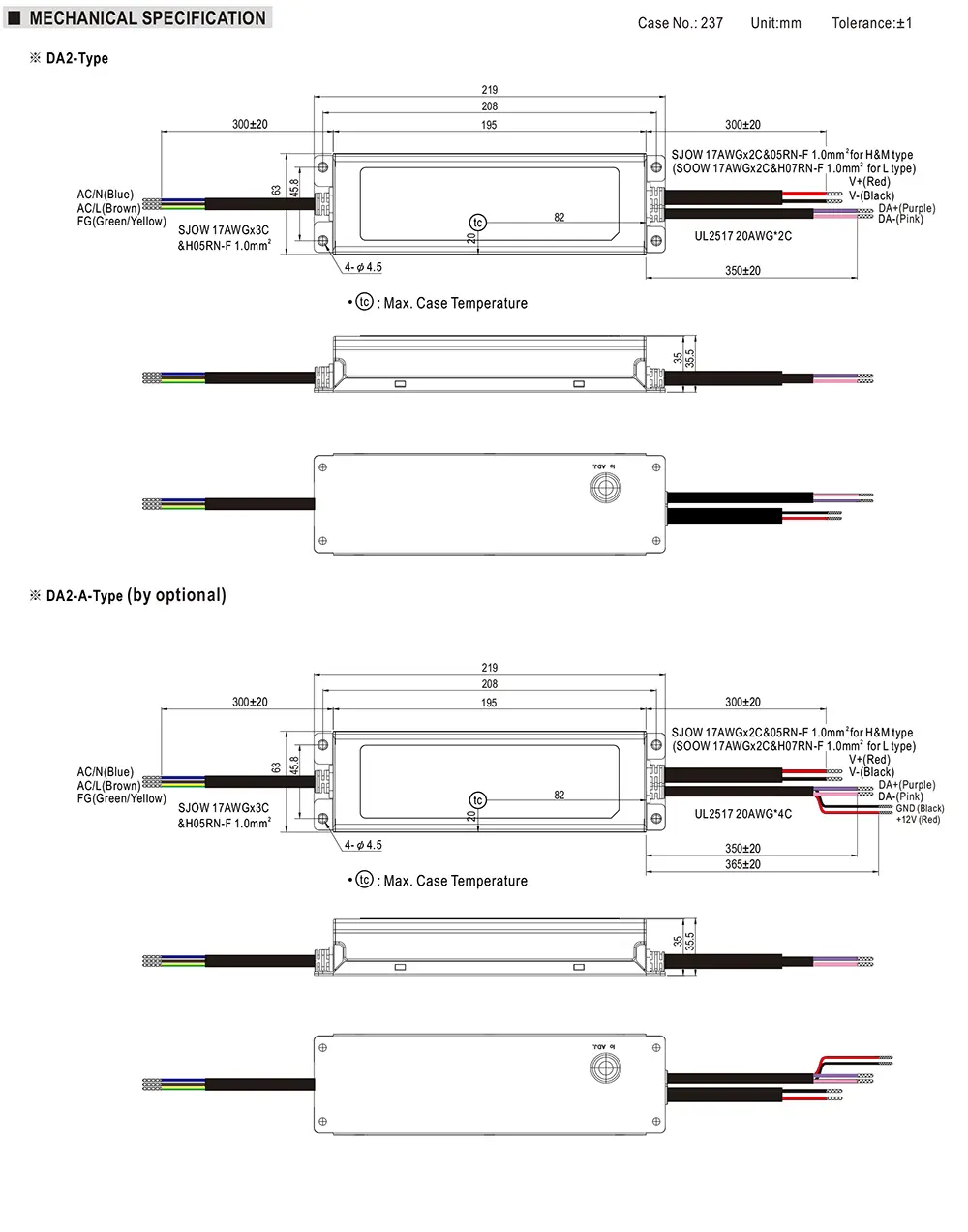 MEAN WELL XLG-240-DA2 Series mechanical drawing and dimensions