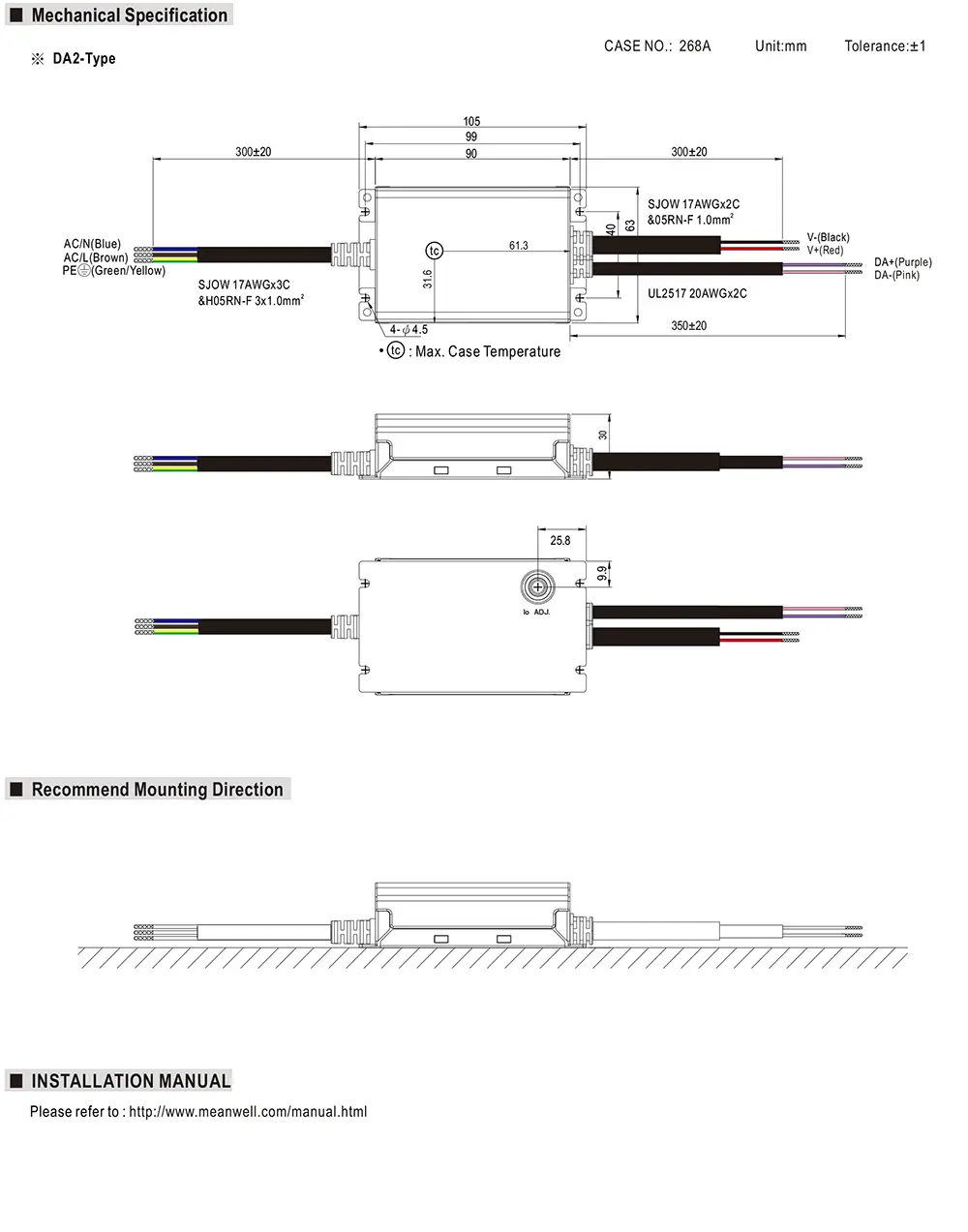 MEAN WELL XLG-50-DA2 Series mechanical drawing and dimensions