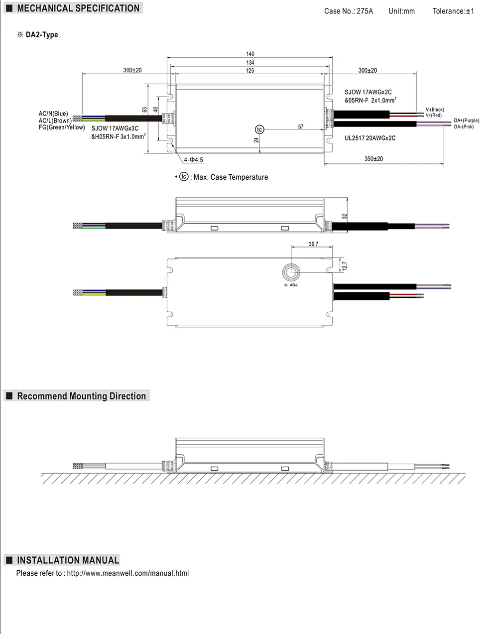 MEAN WELL XLG-75-DA2 Series mechanical drawing and dimensions