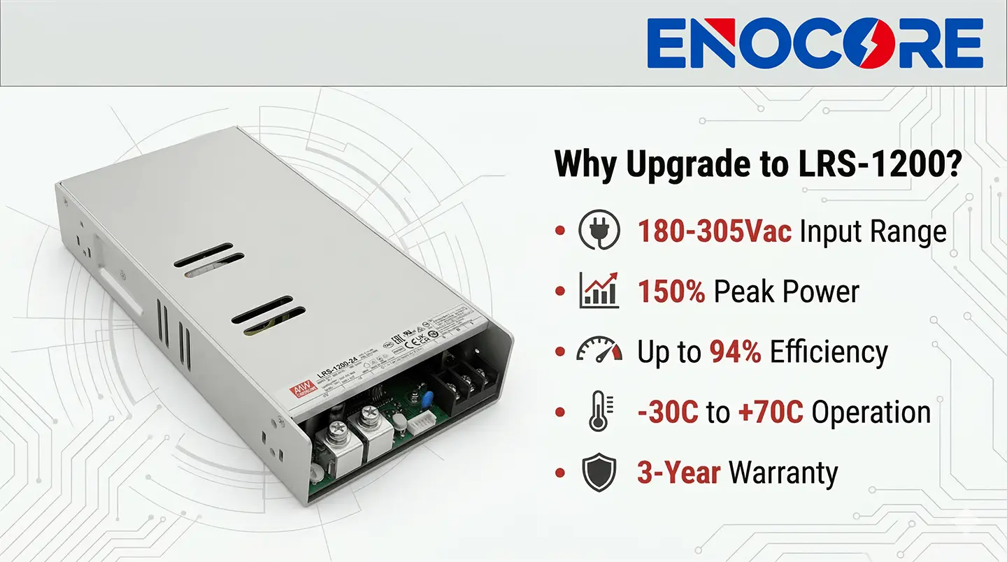 Infographic showing key benefits of upgrading to MEAN WELL LRS-1200 from the discontinued SE-1000 Series